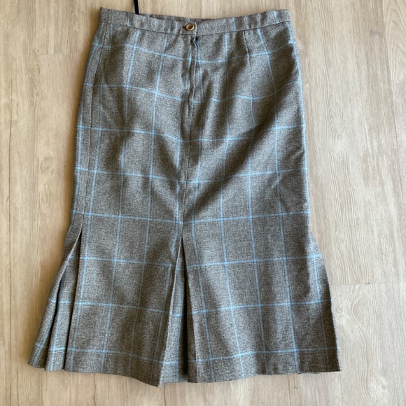 French Connection Wool Angora Plaid Midi Skirt tan academia grandpacore flare 6 - Picture 5 of 15